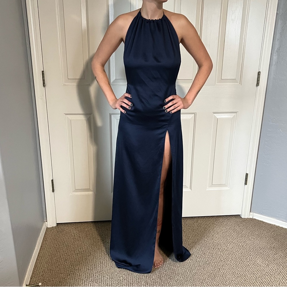 NWT Roserry navy blue silk gown maxi halter dress with high slit and open back